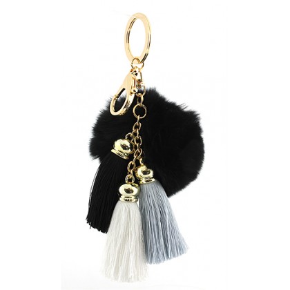 Key Chain - 12 PCS - Rabbit Fur Pom Pom w/ Tassel - Black - KC-YQ005BK